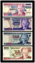 TURKEY 1,000,000 500,000 250,000 100,000 LIRA 4 Pcs 1997-2002 UNC BANKNOTE SET