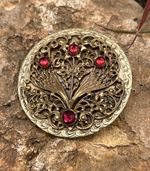 Vintage Art Nouveau Revival Brass Brooch Red Rhinestone Floral Filigree Pin