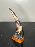 Vintage Asian Carved Horn Dragon Sculpture on Wooden Base