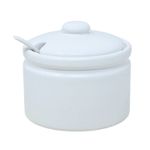 Jam Pot With Lid & Spoon Ceramic White Round 400ml Jam Sugar Sauces Condiments