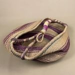African Basket Woven Wicker Brown Patterned Antique Leather Handle Vintage Round