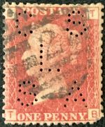 GB 1858 PERFIN - QUEEN VICTORIA PENNY RED WITH 'C S/L/S A' PERFIN