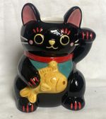 Japanese Style Maneki Neko Black Lucky Cat with Koi Carp Ceramic Planter BOXED