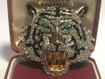 Superb Art Deco Style Crystal Enamel Tiger Brooch / Pendant Shawl Pin Jewellery