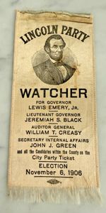 1906 Lincoln Party Watcher Ribbon – Lewis Emery Jr PA Governor Campaign