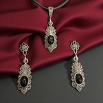 Vintage Art Deco Style 925 Sterling Silver Onyx Marcasite Pendant & Earrings Set