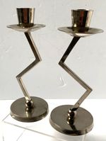 VINTAGE PAIR OF CHROME CANDLESTICKS MODERNIST ZIG ZAG CANDLE HOLDERS SILVER DECO