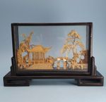 Vintage Hand-Carved Chinese Cork & Wood Diorama Encased In Glass & Wood Stand