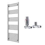 Reina Capo Flat Chrome Bathroom Heated Towel Rail 1600 x 600 and TRV Valves