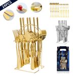 24PC CUTLERY DINNER SET STAINLESS STEEL METAL STAND RACK FORKS TEA SPOONS POLISH