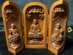 Vintage Japanese Netsuke Boxwood Carved Three Open Buddha Box Statue