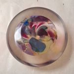 Clear Art Glass Paperweight Purple Blue Green White Swirl Core Design