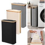 Slim Laundry Basket 51L Narrow Hamper Bamboo Handles Lid Removable Bag Foldable