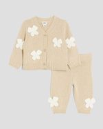 River Island Baby Girls Cardigan Set Beige Crochet Bow 2 Piece V-Neck Button