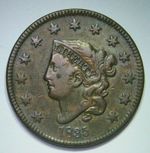 1835 United States Coronet LIberty Head ONE CENT Copper Coin. LARGE 8 and STARS