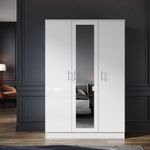 Bedroom 3 Door Mirrored Wardrobe White High Gloss with Hanging Rail & Shelves