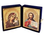 Christ The Teacher and Virgin of Kazan Orthodox Icon Diptych In Blue Velvet Case