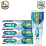 3x Poligrip Ultra Denture Fixative Cream 40g Polygrip zinc free - Mint Flavour