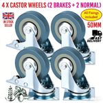 4 x Heavy Duty 50mm Rubber Swivel Castor Wheels Trolley Furniture Caster BrakeS