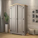 Corona Wardrobe Grey 2 Door Arch Top Wax Solid Mexican Pine Wood Bedroom