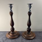 Beautiful Pair of Wooden Turned Wood Candlesticks 12.25 tall with Metal Tops