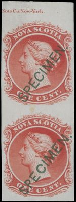 1860 NOVA SCOTIA, QUEEN VICTORIA, VERTICAL PAIR PROOFS OF 1C, GREEN SPECIMEN B-D
