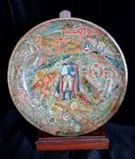 Antique Folk Art Cigar Band Decoupage Glass Dish Merriam Bulldog Ann Held Lopez