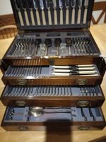 Superior antique large mahogany canteen of silver plate cutlery