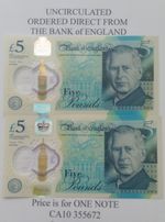 KING CHARLES 5 POUND £5 NOTE UNCIRCULATED. PURCHASED DIRECT FROM BANK of ENGLAND