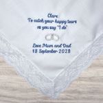 Parents to Bride Handkerchief, Personalised White Lace Embroidered Wedding Hanky