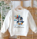 Personalised Birthday Jumper Penguin Sweatshirt Kids Boys Girls Name Any Age Top