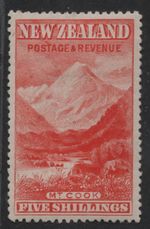 NEW ZEALAND 1899 FIVE SHILLINGS S.G. #259 / SCOTT #83 PERF. 15 MINT HINGED