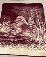 Rare Vintage San Marcos Lion w/ Two Cubs Burgundy Maroon Cream Blanket 65” X 88”