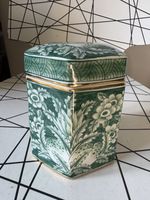 Hexagonal green Floral fruit Tree Ginger Jar / Caddy ceramic vintage g4