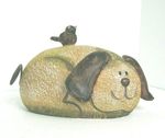 cute funny resin dog figurine statue laying down bird on his back happy pup