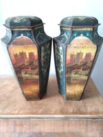 ANTIQUE, C. 1880, PAIR OF TOLEWARE BISCUIT TINS BY HUDSON, SCOTT & SONS. RARE.