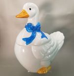 Vtg Mother Goose Ceramic Cookie Jar White Blue Ribbon & Orange Feet Cottagecore