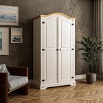 Corona Wardrobe 2 Door Double Robe White Wax Solid Mexican Pine Wood