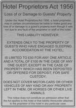 Hotel Proprietors Act 1956 sign  size A5 - 1.5mm thick Aluminium effect material