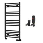 Reina Capo Flat Black Bathroom Heated Towel Rail 1000 x 500 and TRV Valves