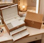 Brown Faux Leather Jewellery Box Organiser, Mirror, Lockable, 3 Drawers