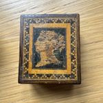 Victorian Tunbridge Ware stamp box, the lid decorated with Queen Victoria's head