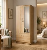 Ready Assembled 2 Door Wardrobe With Mirror Drawers & Hanging Rail Oak