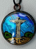 Vintage Butterfly Wing Reverse Painted Pendant Christ the Redeemer Brazil l /2”