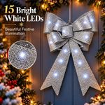 Silver Luxury LED Light Up Christmas Bow 36x63cm Glitter Xmas Door Wreath Bow