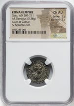 Roman Empire - Geta - AD 209-211 - Silver Denarius - NGC Ch AU - RIC:20b