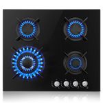 60cm Gas Hob 4 Burners Black Glass Built in Gas Cooktop Cast Iron Support NG/LPG