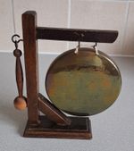 Vintage Brass Table Dinner Gong on Wooden Stand with Engraved Norfolk Map Detail