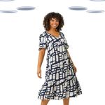 Ex Roman Women's Midi Dress - Plus Size Colourblock Printed Tiered  Navy(Defect)