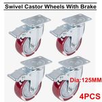 4 x 125mm Heavy Duty 800KG Rubber Swivel Castor Wheels Furniture Trolley Caster